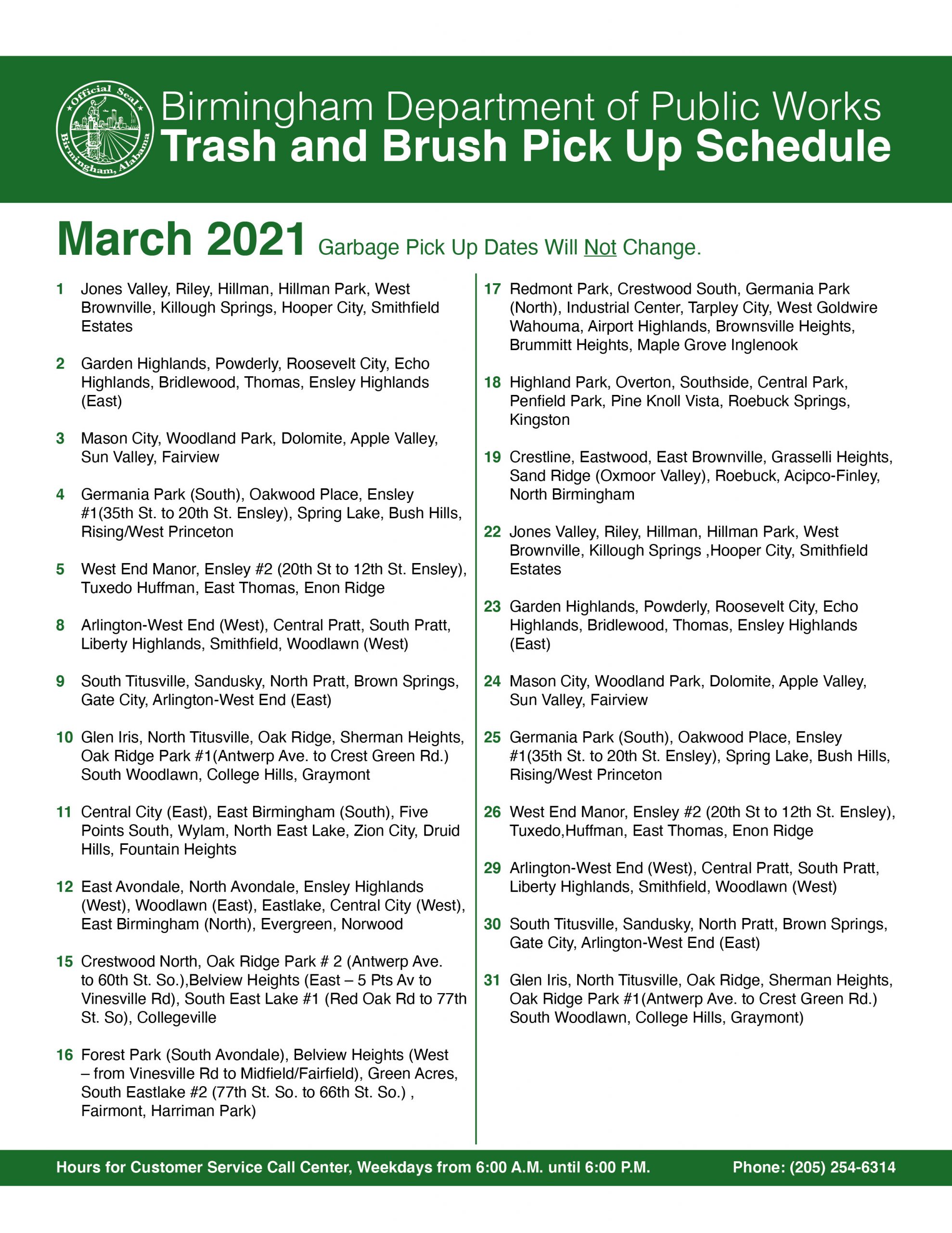Department of Public Works - Bulk Trash Schedule « The ...